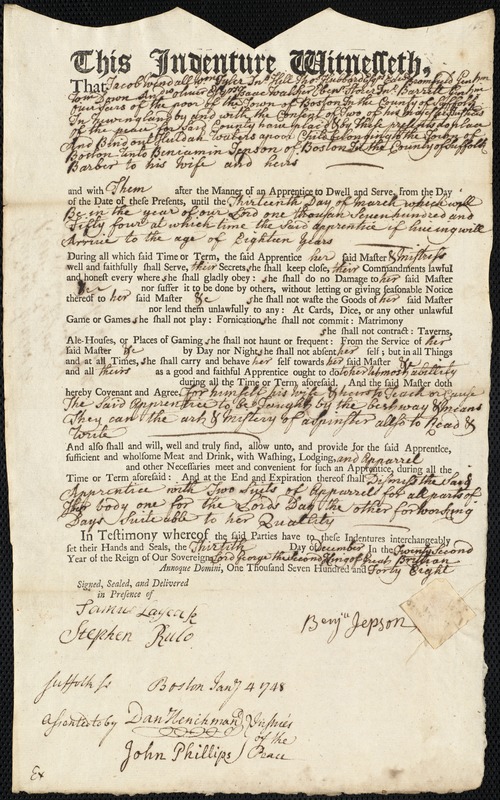 Margaret Gard indentured to apprentice with John Cristy of Wenham, 30 November 1748