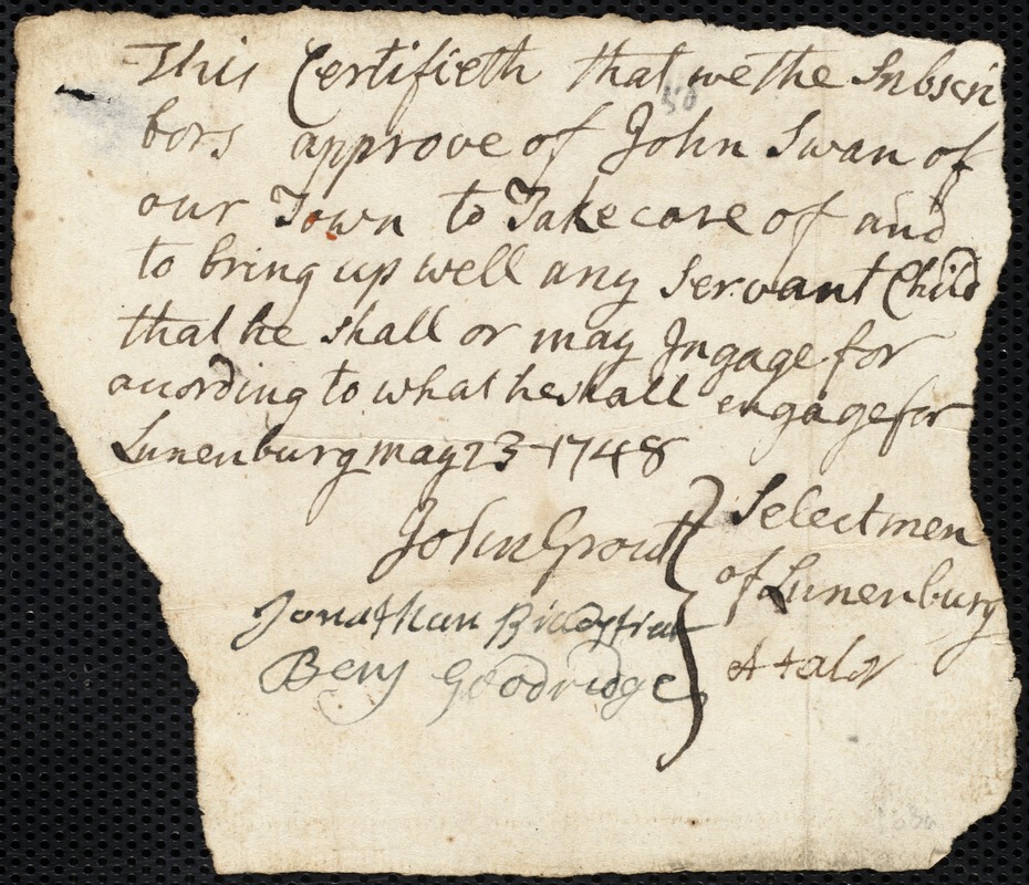 Lydia Perry indentured to apprentice with John Swan of Lunenburg, 30 December 1748