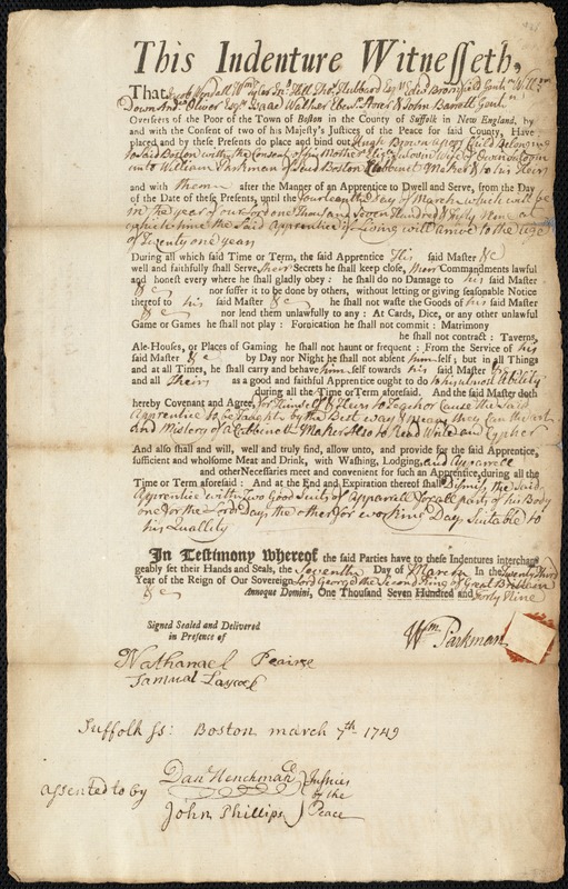 Hugh Brown indentured to apprentice with William Parkman of Boston, 7 March 1749