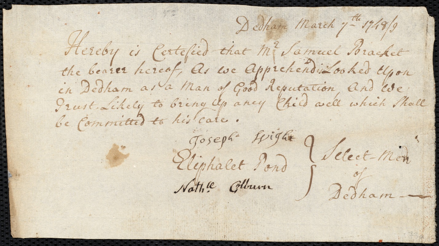 Sarah Smith indentured to apprentice with Samuel Bracket of Dedham, 29 April 1749