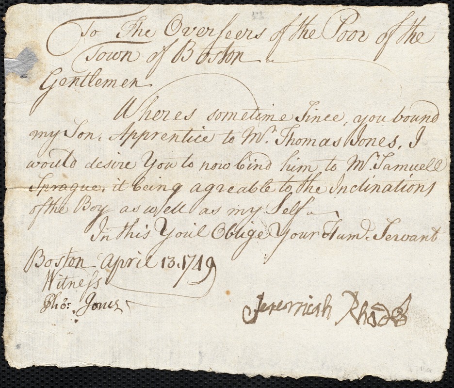Jeremiah Rhodes indentured to apprentice with Samuel Sprague of Boston, 14 April 1749