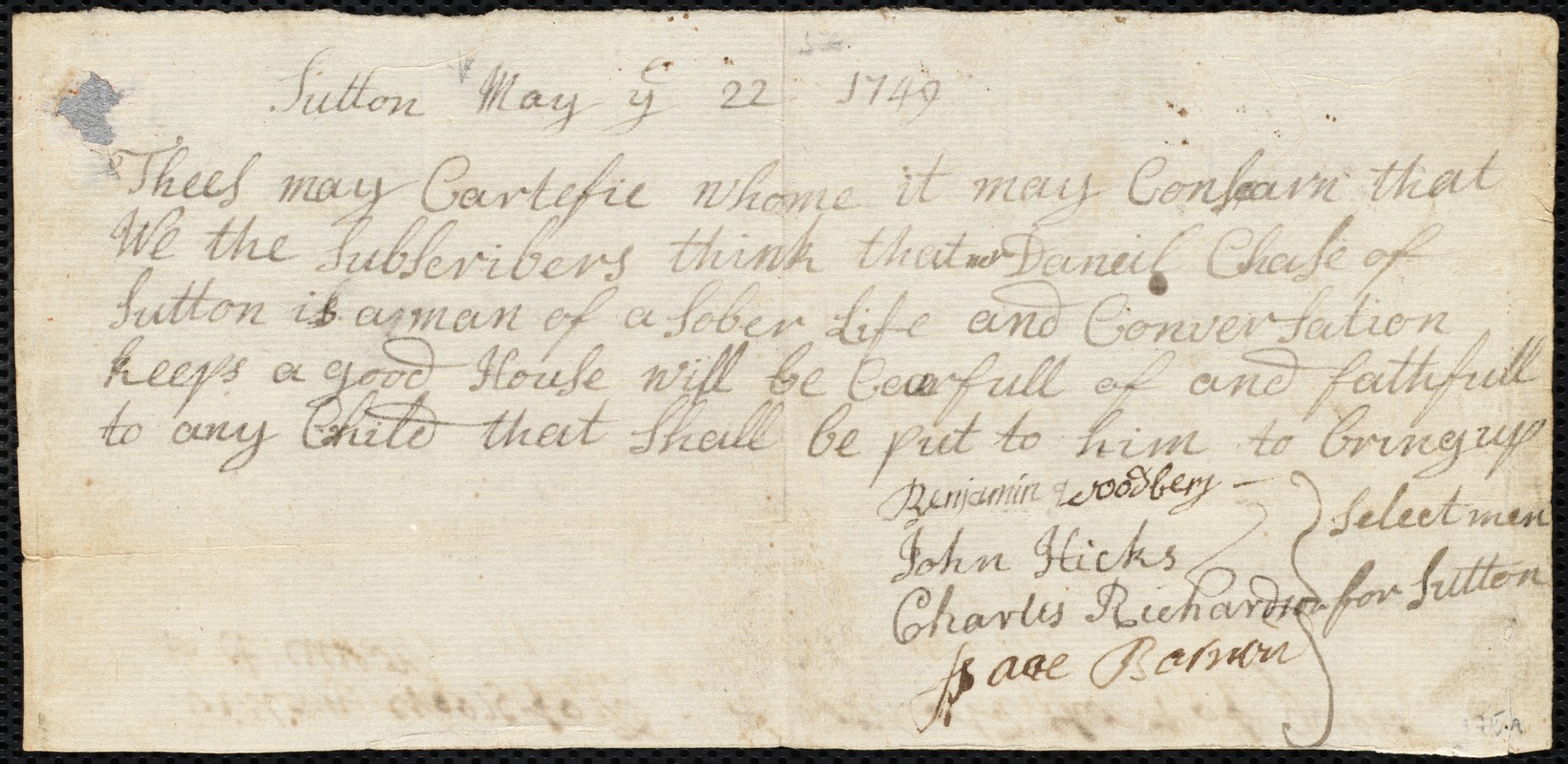 William Croxford indentured to apprentice with Daniel Chase of Sutton, 5 June 1749