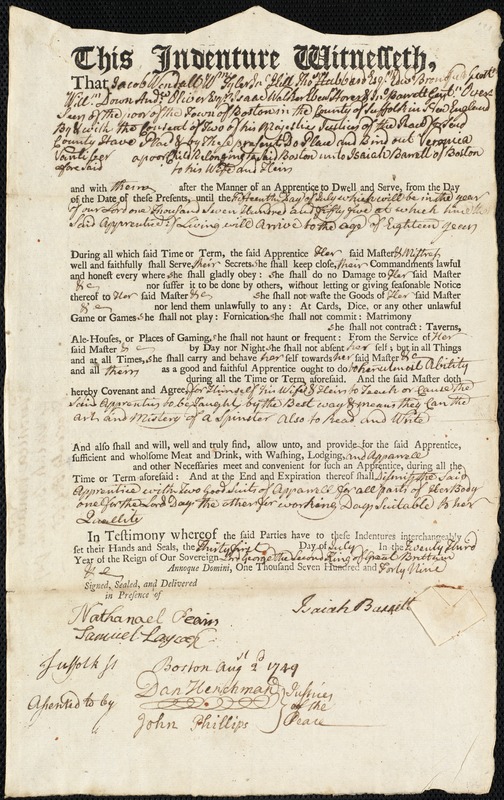 Veronica Vanliber [Vaniber] indentured to apprentice with Isaiah Barrett of Boston, 31 July 1749