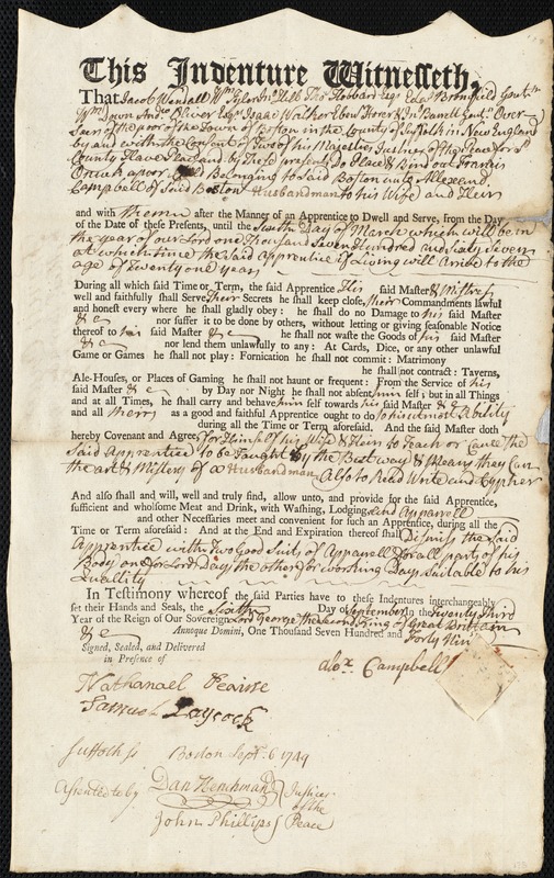 Francis Oncuk indentured to apprentice with Alexander Campbell of Boston, 6 September 1749