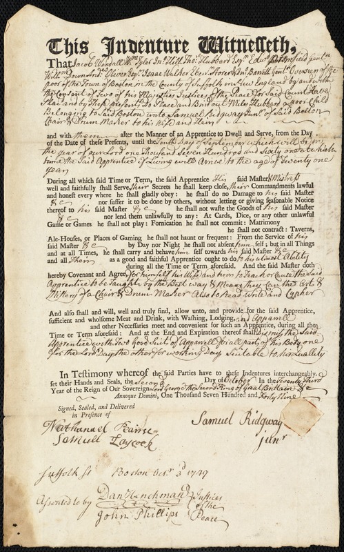 Miles Hubbard indentured to apprentice with Samuel Ridgway, Jr. of Boston, 2 October 1749