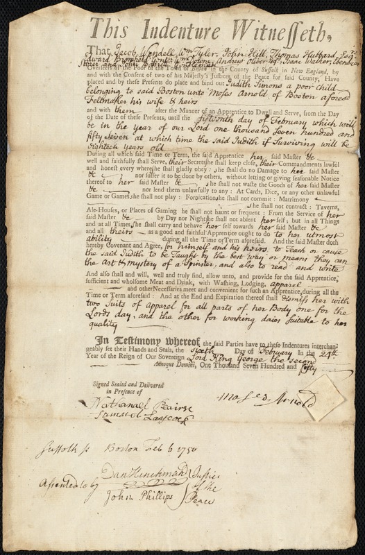 Judith Simons indentured to apprentice with Moses Arnold of Boston, 6 February 1750