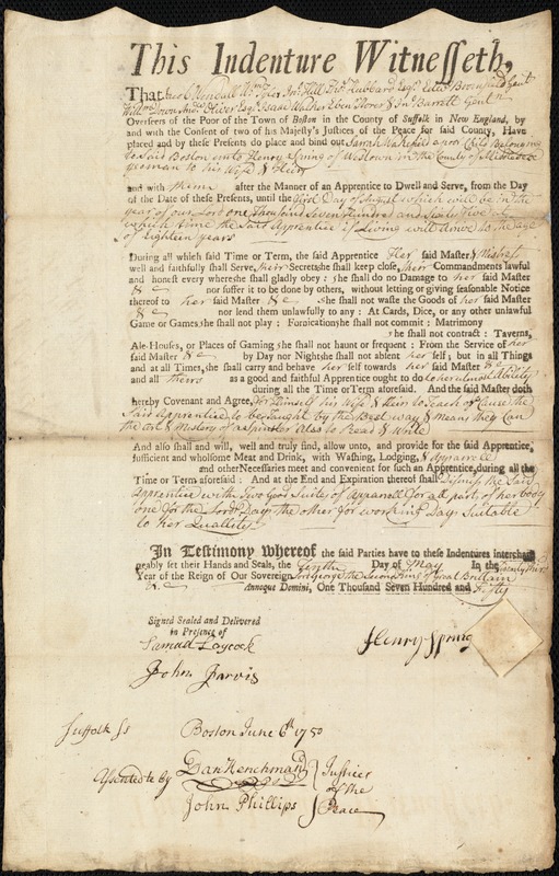 Sarah Wakefield indentured to apprentice with Henry Spring of Weston [Westown], 10 May 1750