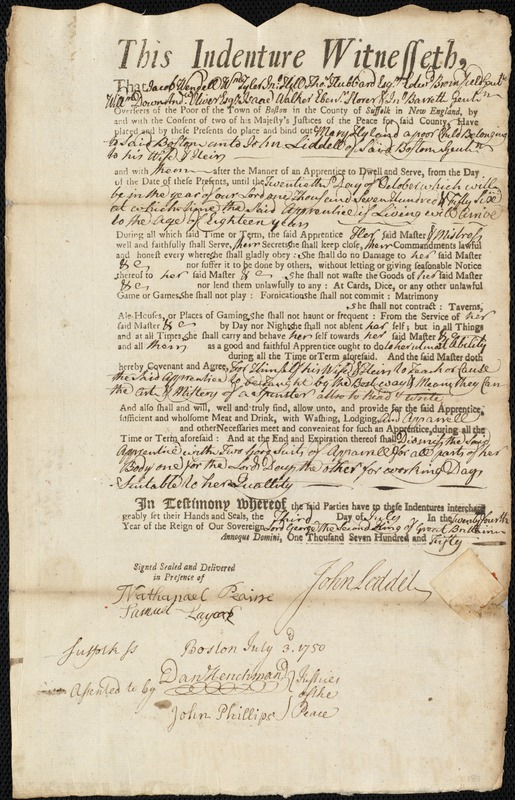 Mary Hyland indentured to apprentice with John Liddell of Boston, 3 July 1750