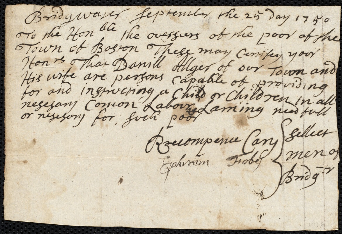 Farnell Chamberlane indentured to apprentice with Daniel Alger of Bridgewater, 26 September 1750