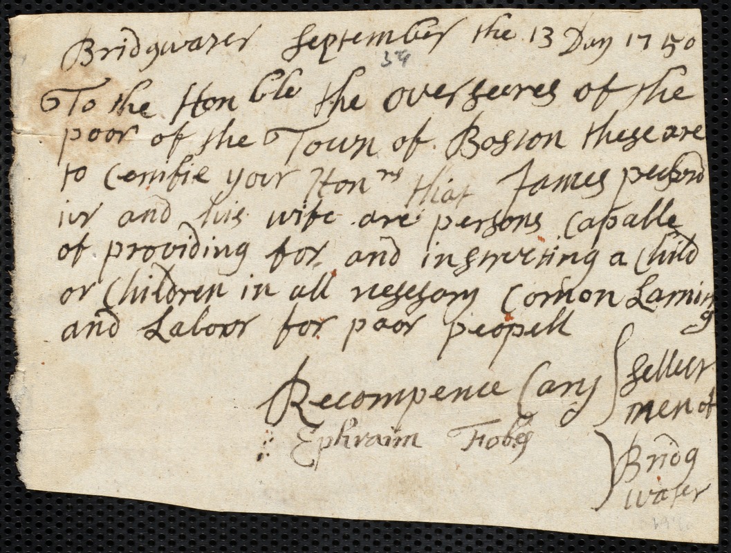Elizabeth Stamers indentured to apprentice with James Packard of Bridgewater, 26 September 1750