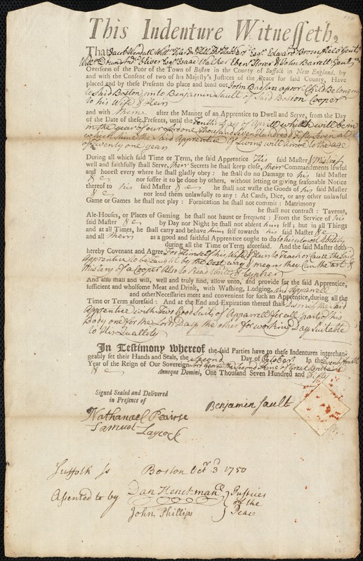 John Bradson indentured to apprentice with Benjamin Sault of Boston, 2 October 1750