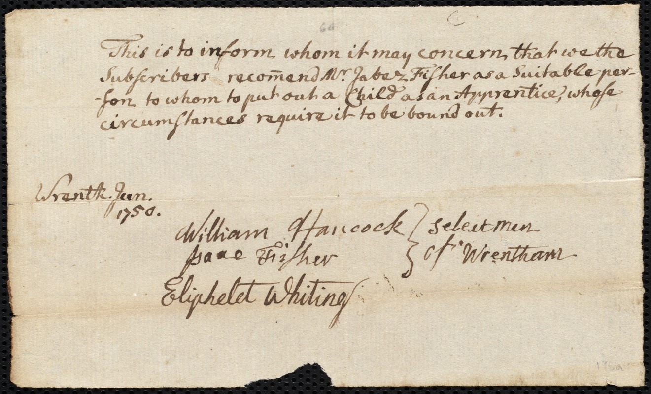 Lidia Richardson indentured to apprentice with Jabez Fisher of Wrentham, 2 October 1750