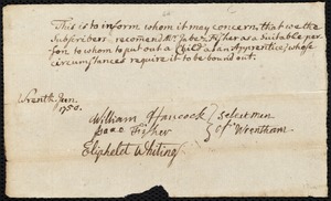 Lidia Richardson indentured to apprentice with Jabez Fisher of Wrentham, 2 October 1750