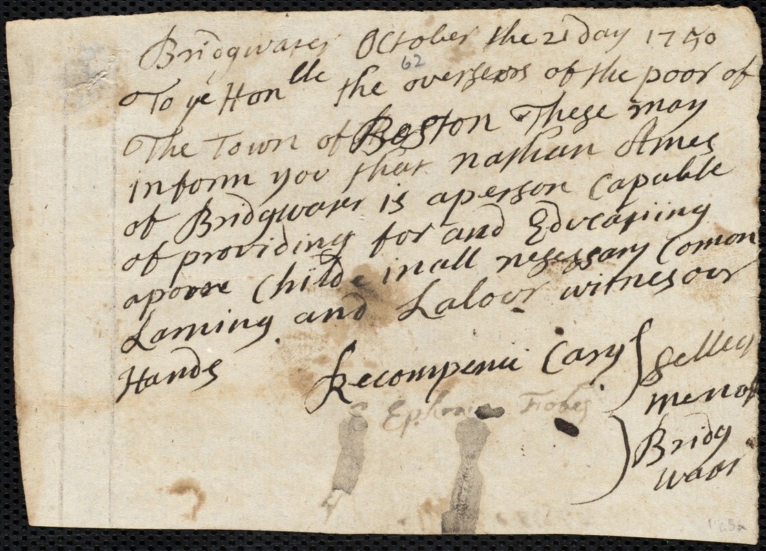Ezekiel Clisby indentured to apprentice with Nathan Ames of Bridgewater, 5 November 1750