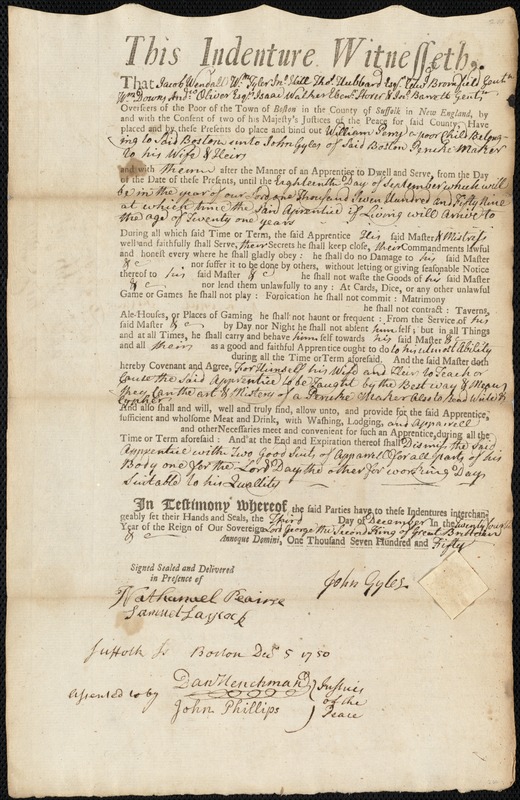 William Perry indentured to apprentice with John Gyles of Boston, 3 December 1750