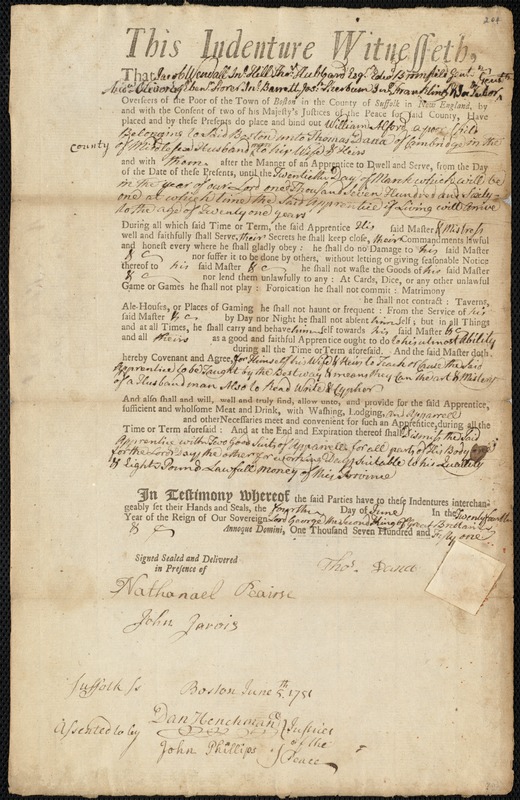 William Alford indentured to apprentice with Thomas Dana of Cambridge, 14 June 1751