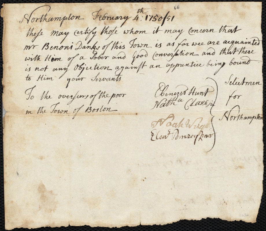 Nathaniel Howard indentured to apprentice with Benoni Danks of Northampton, 15 July 1751