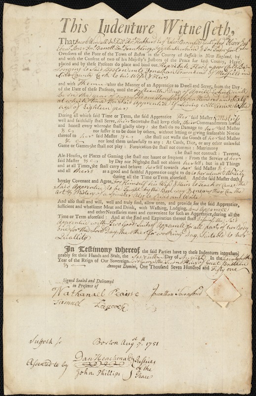 Hepzibah Flood indentured to apprentice with Jonathan Townsend of Medfield, 7 August 1751