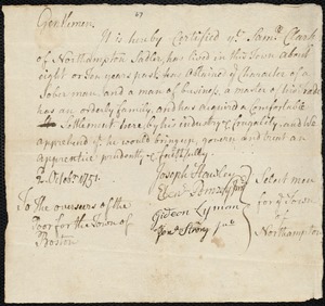 John Kelton indentured to apprentice with Samuel Clark of Northampton, 26 August 1751