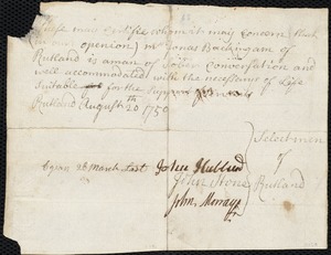 Alexander Bahanny indentured to apprentice with Jonas Buckingham of Rutland, 1 August 1751