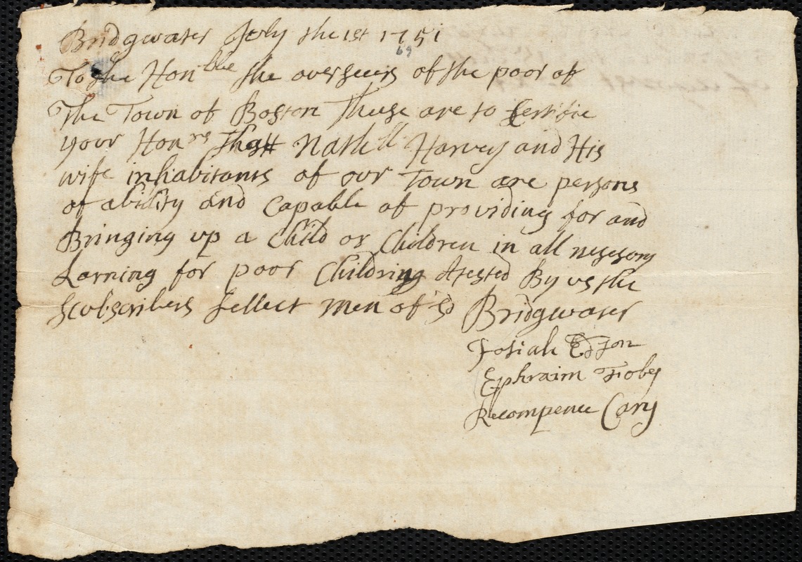 Mary Clisby indentured to apprentice with Nathaniel Harvey of Bridgewater, 6 August 1751