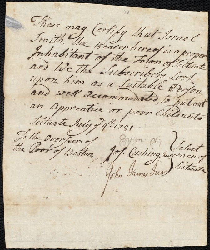 Hannah West indentured to apprentice with Israel Smith of Scituate, 5 August 1751