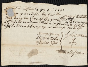 Elizabeth Hunt indentured to apprentice with Ebenezer Littlefield of Holliston, 11 October 1751