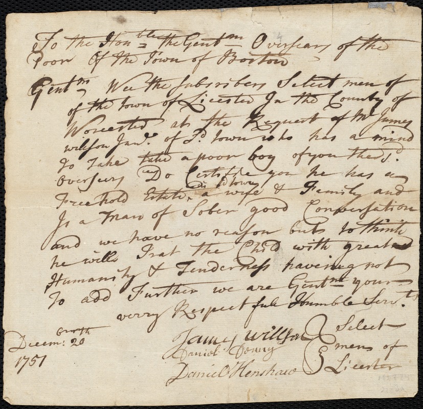 Thomas Brooks indentured to apprentice with James Willson, Jr. of Leicester, 21 January 1752