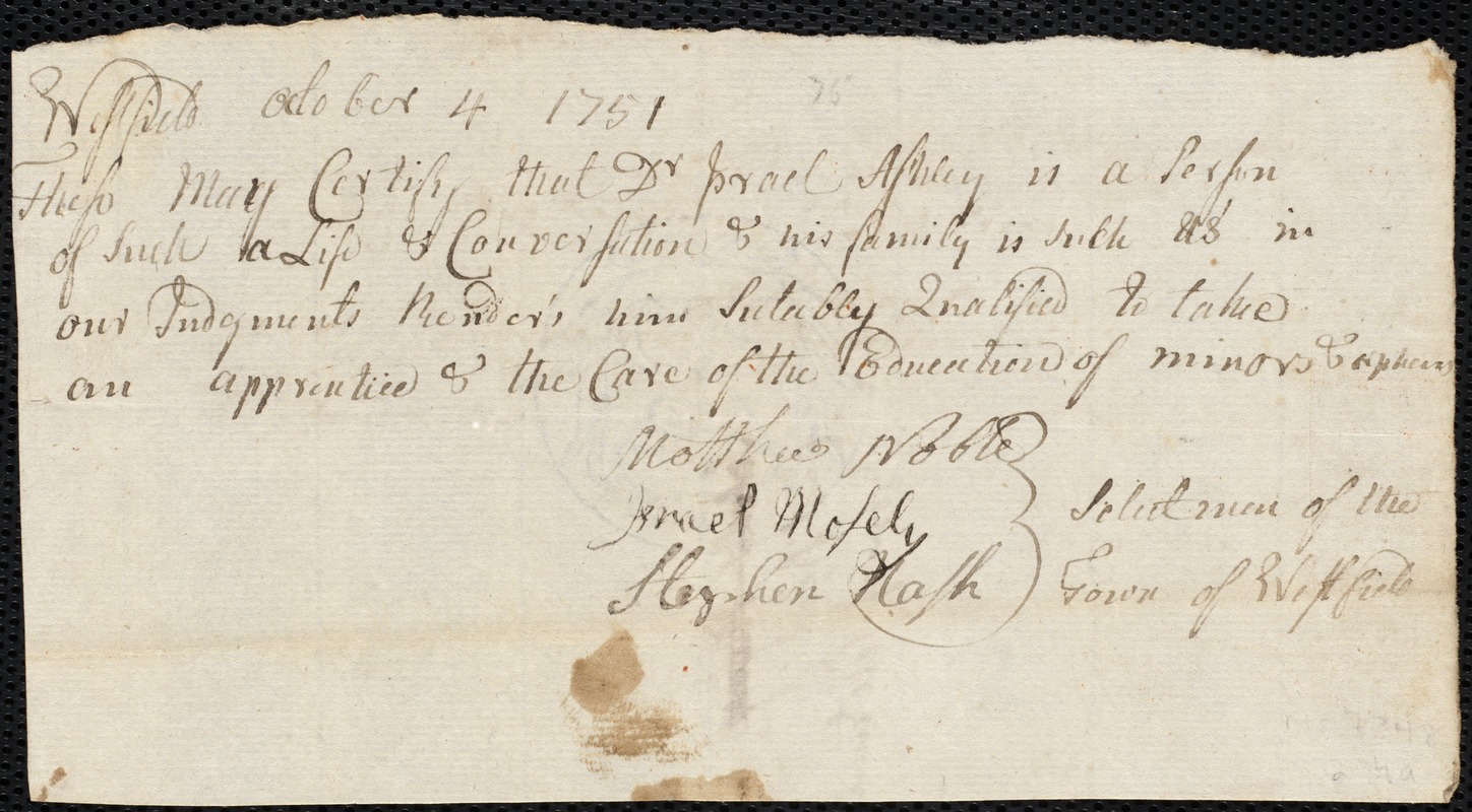 Ann Fosdike indentured to apprentice with Israel Ashley of Westfield, 23 January 1752