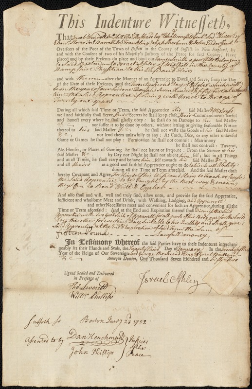 James Smith indentured to apprentice with Israel Ashley of Westfield, 23 January 1752