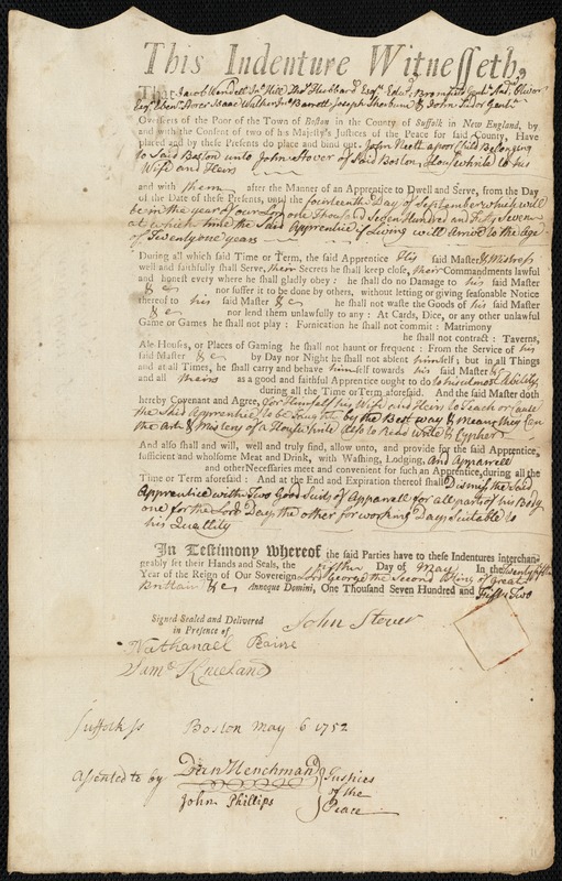 John Neeth indentured to apprentice with John Stover of Boston, 5 May 1752