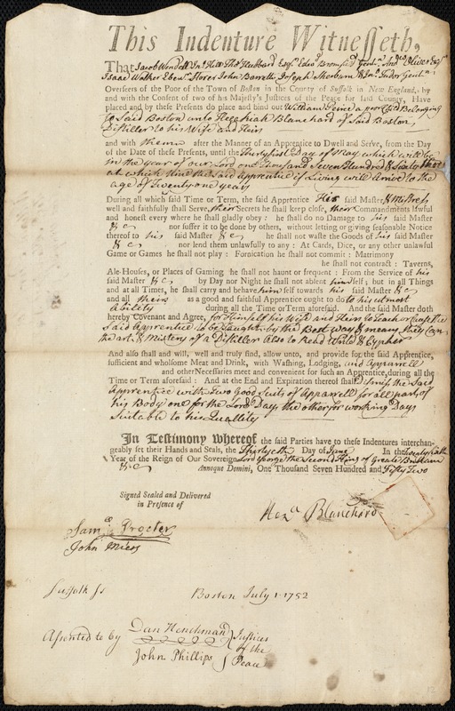 William Peirce indentured to apprentice with Hezekiah Blanchard of Boston, 30 June 1752