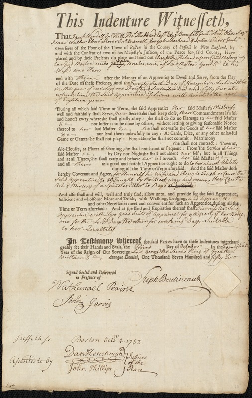 Elizabeth Hiland indentured to apprentice with Stephen Boutineau of Boston, 3 October 1752