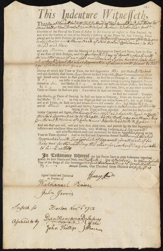 William Chapin indentured to apprentice with Henry Roads of Boston, 30 October 1752