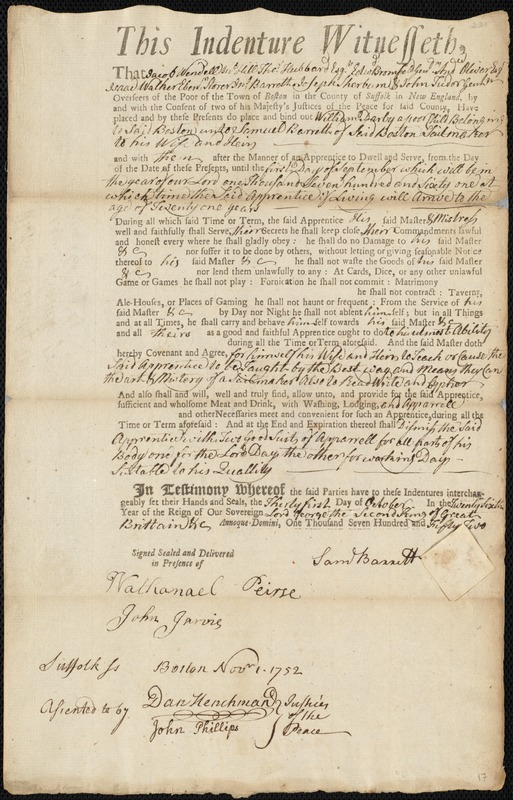 William Darby indentured to apprentice with Samuel Barrett of Boston, 31 October 1752