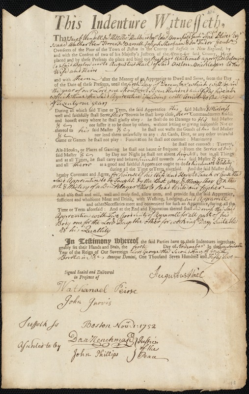 Richard Whitcomb indentured to apprentice with Augustus Hail of Boston, 1 November 1752