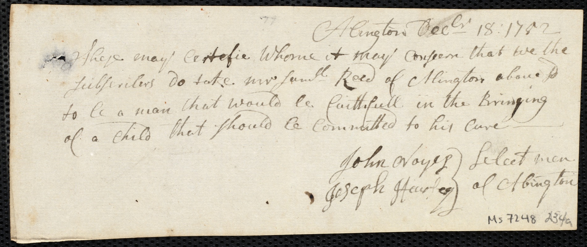 William Daniel indentured to apprentice with Samuel Read [Reed] of Abington, 28 December 1752