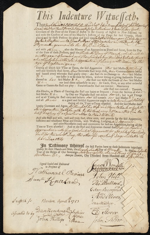 Tabitha Peters indentured to apprentice with Israel Algar of Bridgewater, 26 March 1753