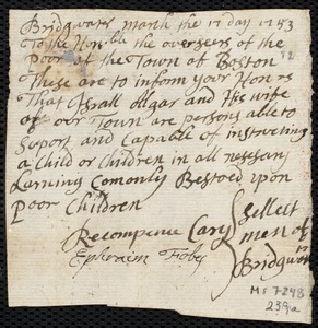 Tabitha Peters indentured to apprentice with Israel Algar of Bridgewater, 26 March 1753