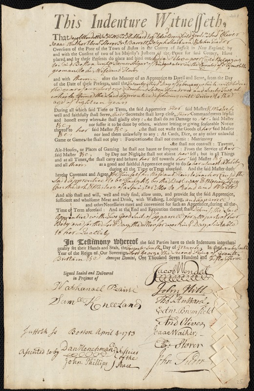 Lidia Peters indentured to apprentice with James Algar of Bridgewater, 26 March 1753
