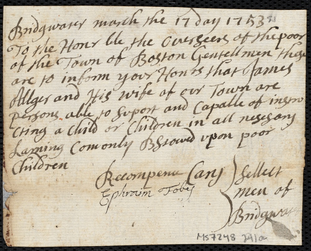 Lidia Peters indentured to apprentice with James Algar of Bridgewater, 26 March 1753