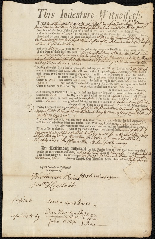 William Curtis indentured to apprentice with Joseph Winchester of Brookline, 26 March 1753