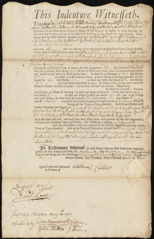 John Frie indentured to apprentice with Nathaniel Cobbett of Boston, 14 May 1753