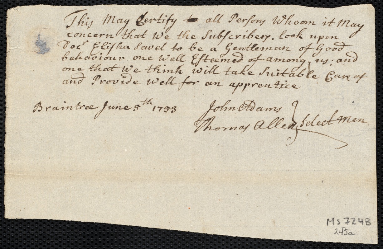 Rebecca Newton indentured to apprentice with Elisha Savit [Savet] of Braintree, 5 June 1753