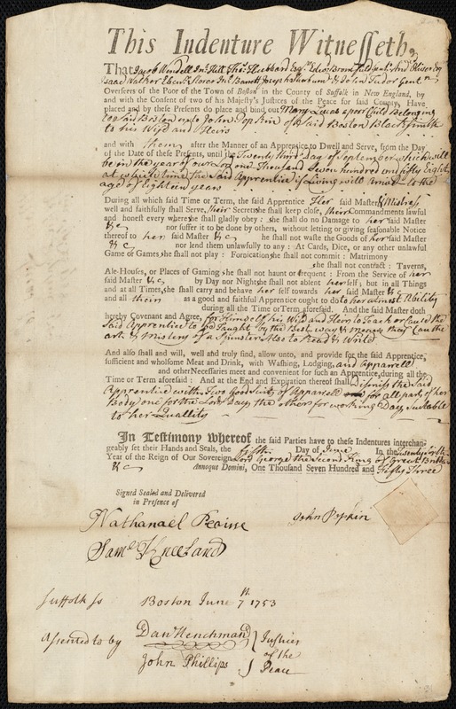 Mary Lucas indentured to apprentice with John Popkin of Boston, 5 June 1753
