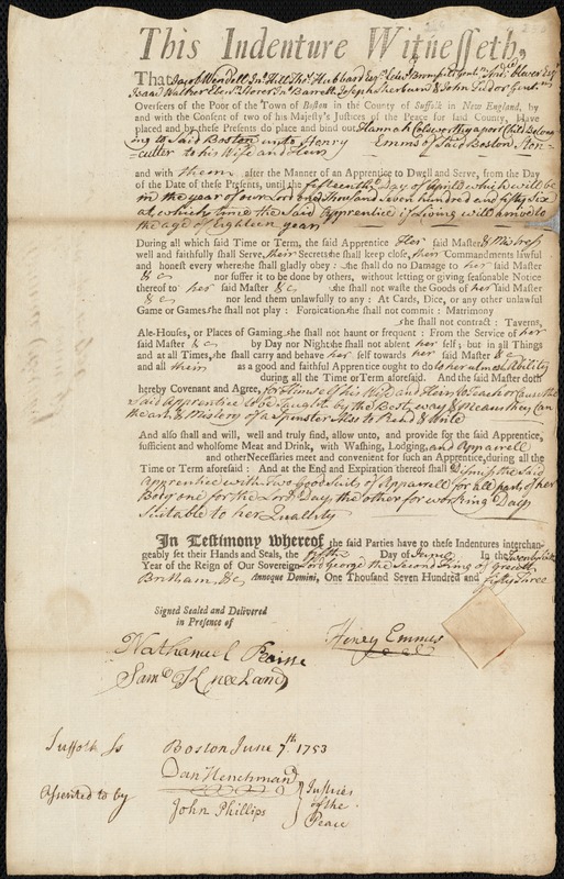 Hannah Colsworthy indentured to apprentice with Henry Emmis of Boston, 5 June 1753