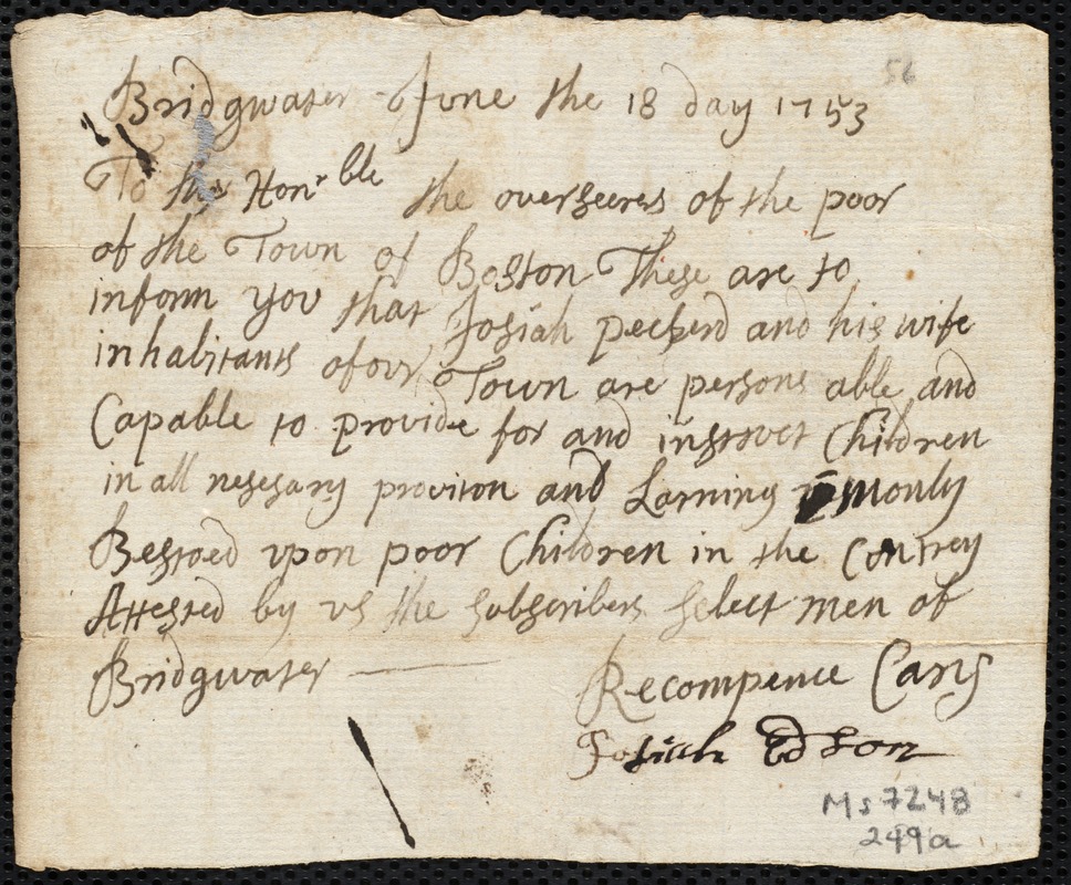 William Coffin indentured to apprentice with Josiah Packard of Bridgewater, 3 July 1753