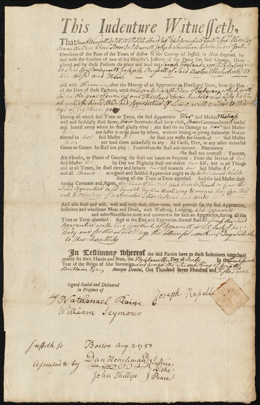 Sarah Freland indentured to apprentice with Joseph Russell of Boston, 13 July 1753