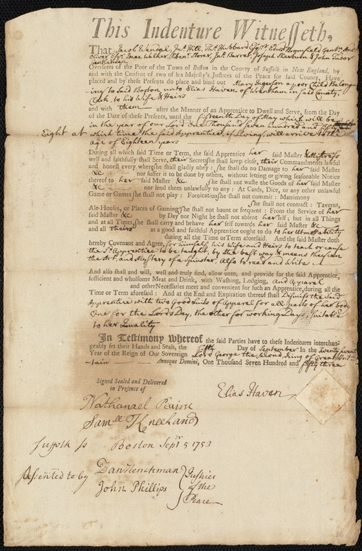 Mary Ingerson indentured to apprentice with Elias Haver of Wrentham, 5 September 1753