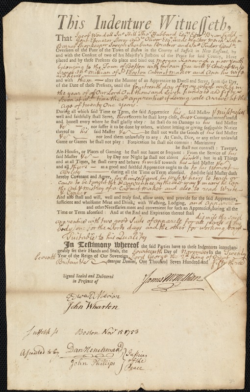 Morgan Kanavagh indentured to apprentice with James McMillian of Boston, 14 November 1753
